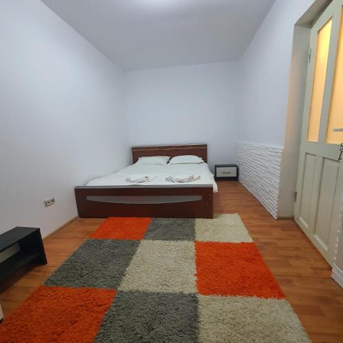 a bedroom with a bed and a rug on the floor at Apartament Atoosa cu vedere la munte in Sinaia