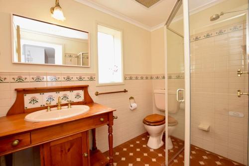 een badkamer met een toilet, een wastafel en een douche bij The Old School House in Emu Bay