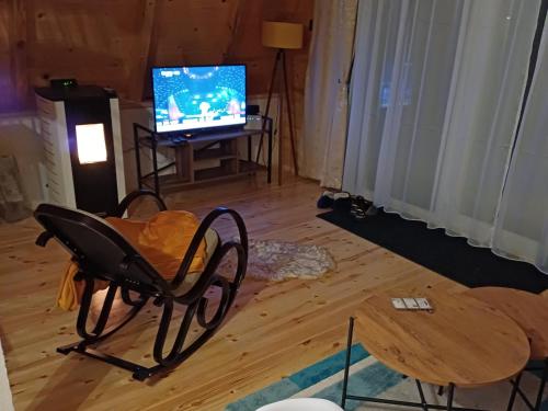 a living room with a baby carriage and a television at Mountain house Vojinovic Planinska kuća Vojinovic in Žabljak