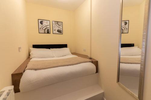 ein kleines Schlafzimmer mit einem Bett und einem Spiegel in der Unterkunft Charming One-bed Flat in Dagenham