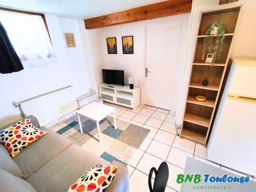 a living room with a couch and a tv at ► BNB TOULOUSE ► Le Plaisant Maubec • WiFi • 24/7 in Plaisance-du-Touch