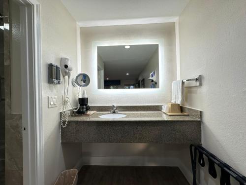 a bathroom with a sink and a large mirror at Palace Inn I-45 & Bellfort in Houston