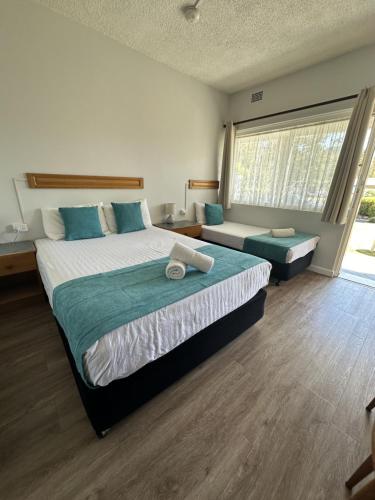 a bedroom with a large bed and a large window at Bucketts Way Motel Gloucester in Gloucester