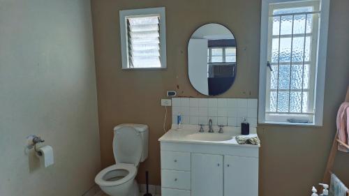 a bathroom with a toilet and a sink and a mirror at Brisbane Budget Homestay in Brisbane