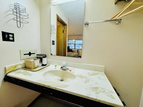 a bathroom with a sink and a mirror at Holiday Pines Inn and Suites in Jay
