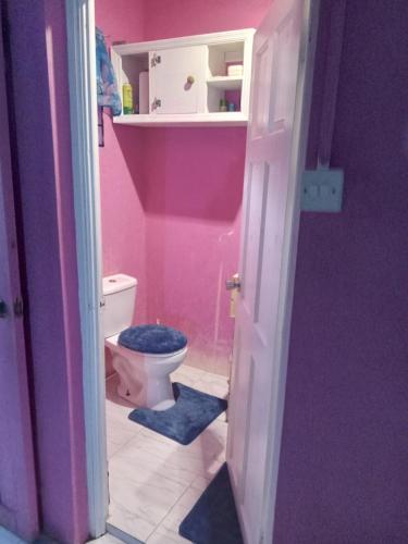 Baño rosa con aseo y pared púrpura en Caribb Home and Taxi Service, en Bridgetown