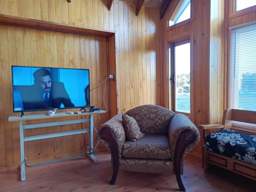 sala de estar con silla y TV en cabañas los maites, en Chonchi