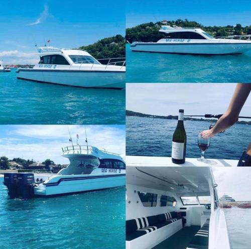 a collage of photos of a boat in the water at Private Yacht Bali to Nusa Penida in Ujung