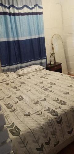 ein Bett in einem Schlafzimmer mit einem blauen Vorhang in der Unterkunft Departamento casa en arica in Arica
