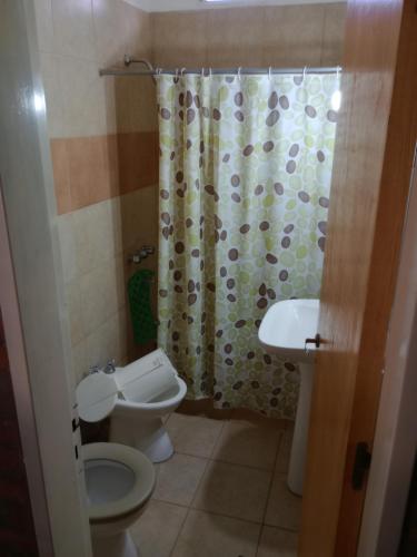 uma casa de banho com um WC e uma cortina de chuveiro em los nidos habitaciones em Villa Cura Brochero