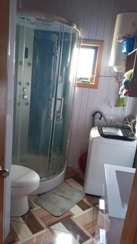 La salle de bains est pourvue d'une douche, de toilettes et d'un lavabo. dans l'établissement El Paraíso de Los Cisnes, à Quellón