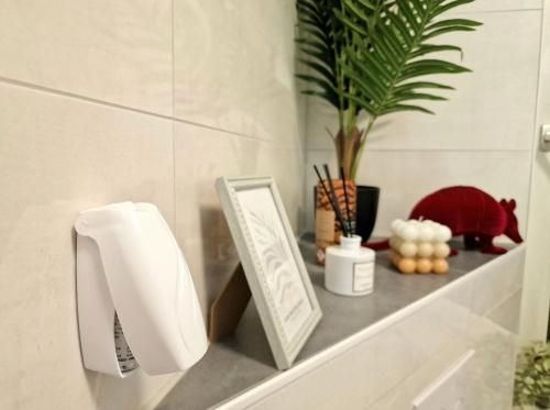 a shelf with a toilet paper dispenser and a plant at Light Jungle - Innenstadt für 7 Grill Balkon Netflix Waschtrockner in Gießen