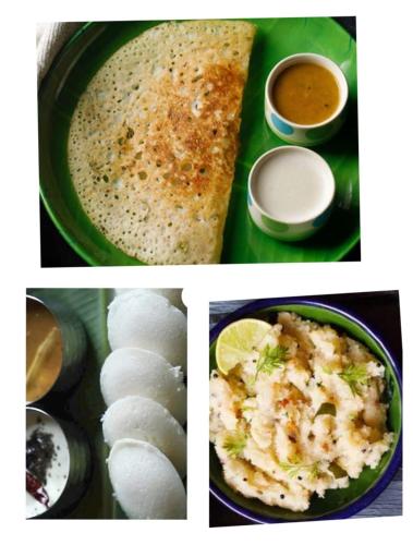 uma colagem de imagens de alimentos e um prato de alimentos em CORAL STAYS INN em Vijayawāda