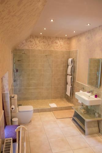 a bathroom with a shower and a toilet and a sink at Whitehouse Country House in Saint Boswells