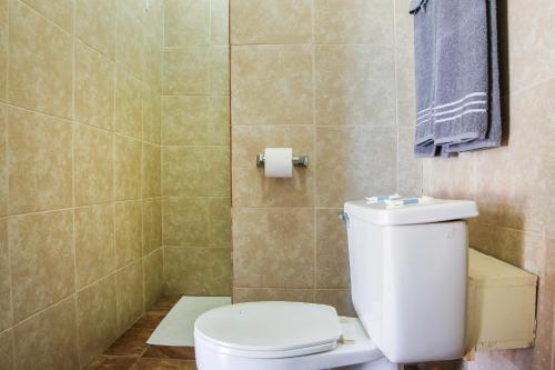 La salle de bains est pourvue d'une douche et de toilettes blanches. dans l'établissement Economy Inn By OYO Lockport near Houma, à Lockport