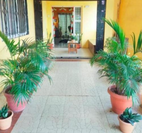 a courtyard with potted plants in front of a building at Muktangan Home, Kolhapur in Kolhapur