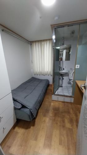 um quarto com uma cama e uma casa de banho com um chuveiro em Choco Residence em Seul