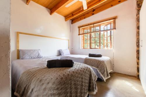 - une chambre avec 2 lits et une fenêtre dans l'établissement Stone cottage in Haarties, à Kalkheuvel