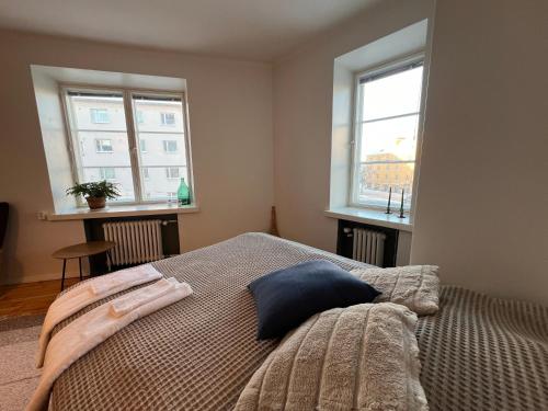 een slaapkamer met een bed en 2 ramen bij Valoisa & Mukava koti vallilassa in Helsinki