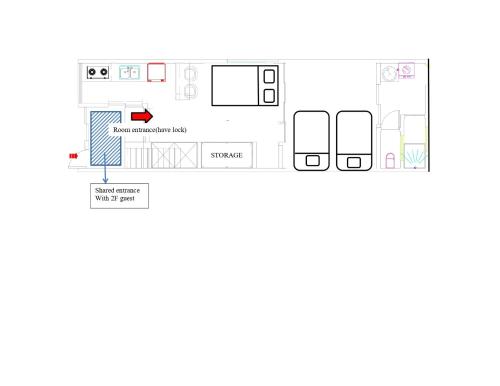 a floor plan of a room with a fireplace at 空港＆海遊館直通、2WAYアクセス便利、過客ノ家ー弁天町 in Osaka