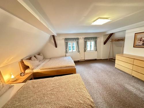 a bedroom with two beds and a dresser and two windows at Cottage Janovice in Rudník