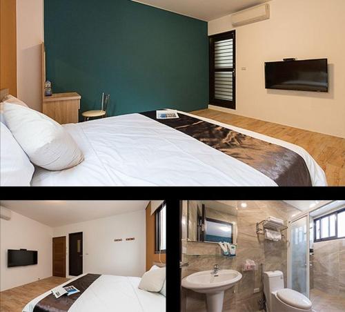 two pictures of a bedroom with a bed and a bathroom at Shan Hao Homestay in Yilan City