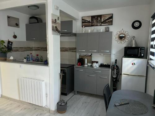 - une cuisine avec des placards gris et un réfrigérateur blanc dans l'établissement Als garden, à Goussainville