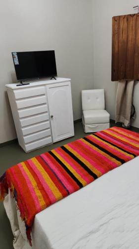 1 dormitorio con 1 cama, TV y alfombra en La finca 