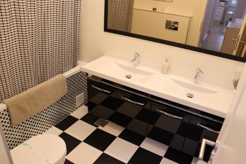 une salle de bain avec un lavabo, des toilettes et un miroir dans l'établissement Platinia home, à Cluj-Napoca