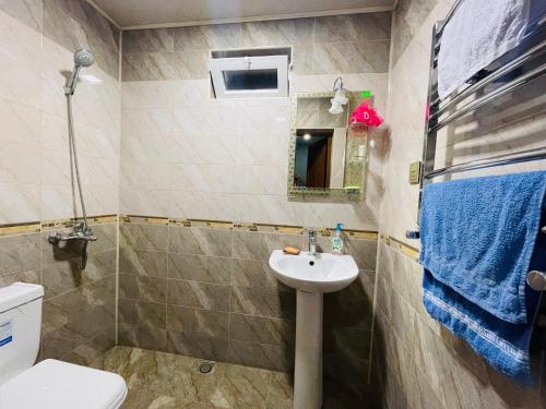 La salle de bains est pourvue d'un lavabo et de toilettes. dans l'établissement AkbA-Frame2, à İsmayıllı