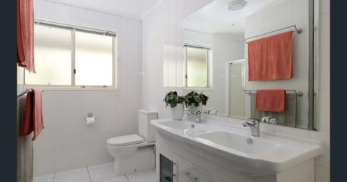 a white bathroom with a sink and a toilet at Hinterland Hideaway Farm Stay in Wolvi