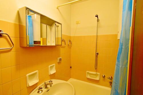 y baño con lavabo y ducha con espejo. en Carlo Magno Studio apartment en Madonna di Campiglio