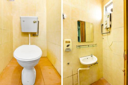 2 immagini di un bagno con servizi igienici e lavandino di Brilliant Empire Hotel a Malacca