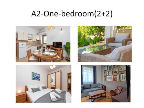 蘇佩塔爾的住宿－APARTMENTS4YOU SUPETAR-the BEST and MOST POPULAR apartments for DISCOVERING the island，客厅和卧室的三幅图片