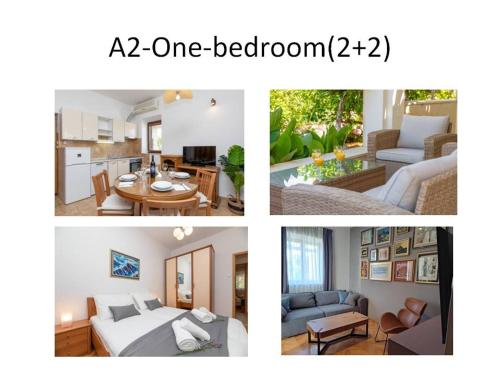 three pictures of a living room and a bedroom at Apartments4You Supetar-the BEST and MOST POPULAR apartments for DISCOVERING the island in Supetar