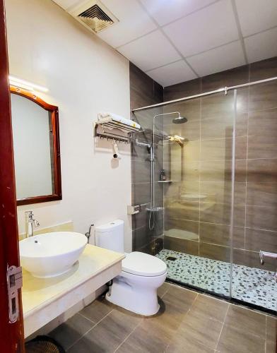 a bathroom with a sink and a toilet and a shower at Hoang Son Hotel - Can Tho in Can Tho