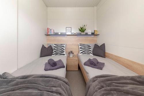 2 aparte bedden in een kamer met witte muren bij Apartma LeMa in Velike Lašče