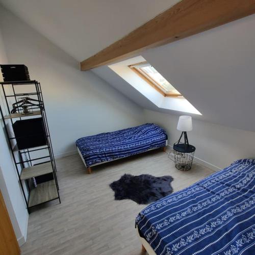 ein Schlafzimmer mit 2 Betten und eine Katze auf dem Boden in der Unterkunft Chez Arthur et Zoé. in Stiring-Wendel