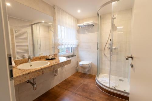 uma casa de banho com um lavatório, um chuveiro e um WC. em Hotel Gasthof Gose em Ziegenhagen