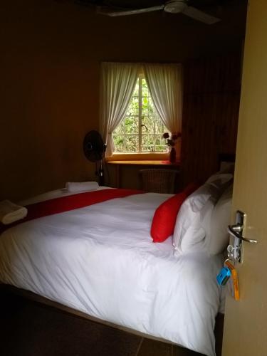 a bedroom with a white bed with red pillows and a window at Crocodile Nest B&B in Nelspruit
