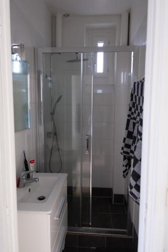 une salle de bain avec douche et lavabo dans l'établissement Paris La Défense Appartement, à Courbevoie