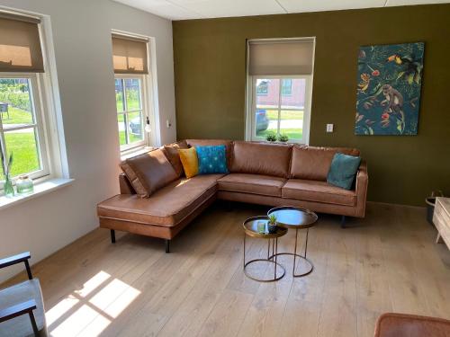 a living room with a brown couch and two windows at Summio Villaparc Schoonhovenseland in Hollandscheveld