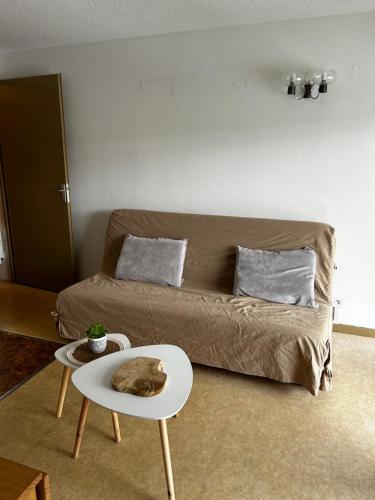 ein Wohnzimmer mit einer Couch mit einer Katze, die auf einem Tisch schläft in der Unterkunft Appartement Saint Lary Soulan Pla d Adet pied des pistes capacité 5pers in Saint-Lary-Soulan