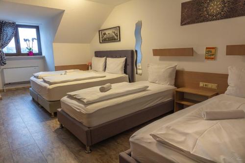 因河畔諾伊豪斯的住宿－Apparthotel Alte Innbrücke-24Std-Self-Check In，一间客房内配有两张床的房间