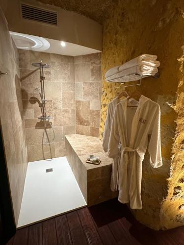 La salle de bains est pourvue d'une douche et d'un peignoir sur un comptoir. dans l'établissement Hôtel-Restaurant-Chambre Insolite Spa - Le XII de Luynes, à Luynes