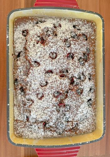 a pan filled with a cake with blueberries and powdered sugar at Slunečný Penzion in Tasovice
