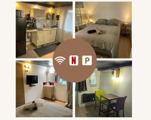 un collage de tres fotos de un dormitorio y una cocina en Bel appartement cosy centre Veules-Les-Roses Parking privé WIFi, en Veules-les-Roses