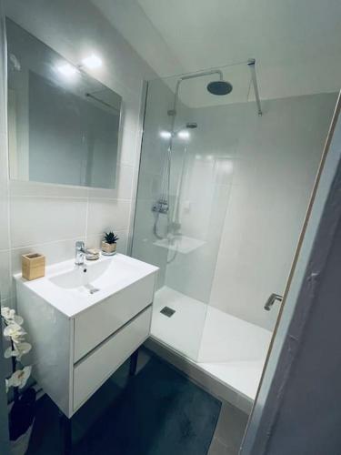 une salle de bain blanche avec une douche et un lavabo dans l'établissement Appartement en Centre Ville, Wifi et Tram, à Montpellier