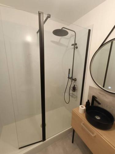 une salle de bain avec une douche avec un lavabo et un miroir dans l'établissement Le Yellow Corner - Place Ney, à Angers