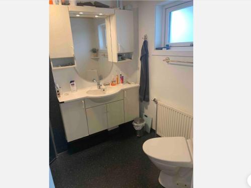 a bathroom with a white toilet and a sink at Peter’s guesthouse in Sandavágur